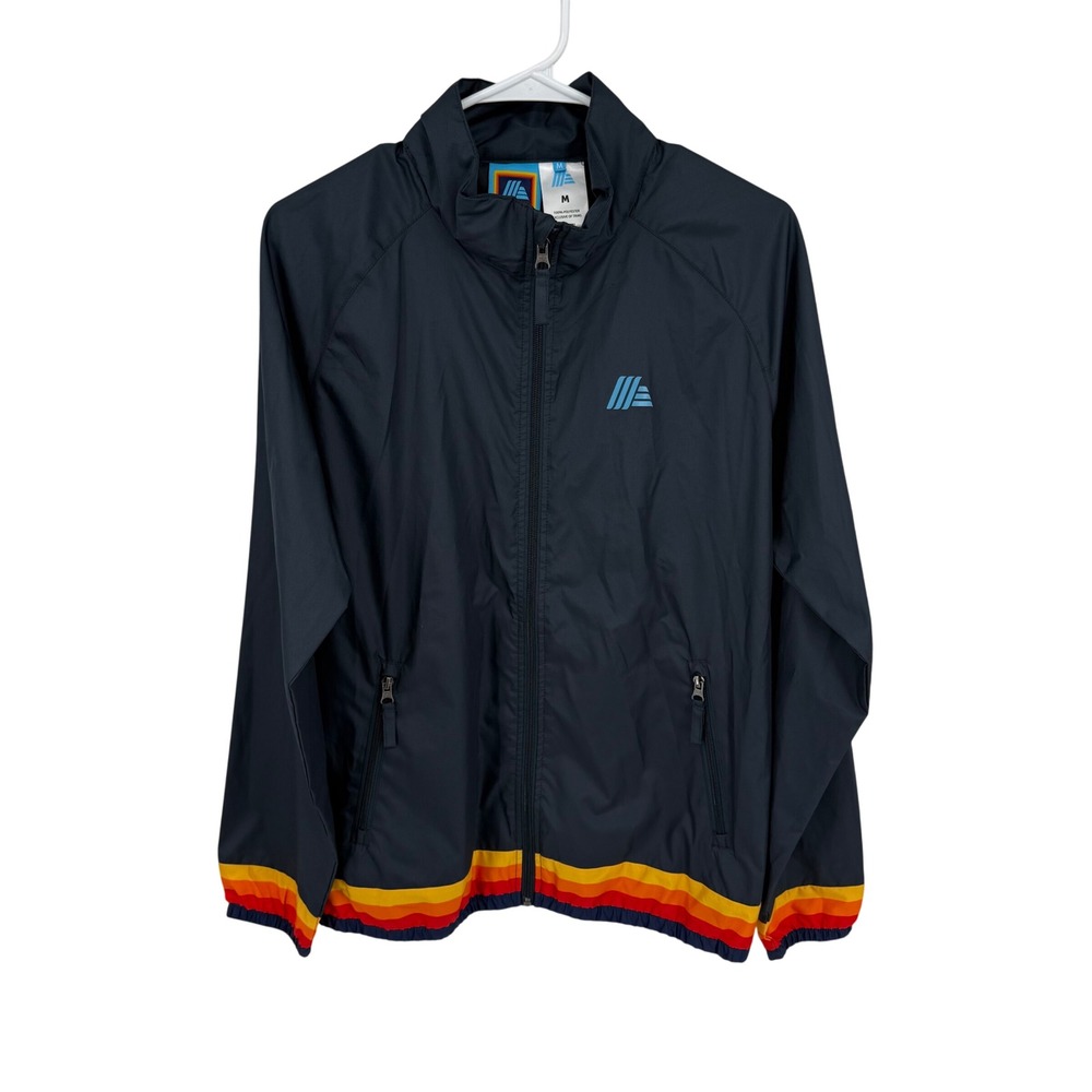 ALDI Windbreaker Jacket Sz Medium Blue‎ Track Jacket Rainbow Stripe Logo Unisex